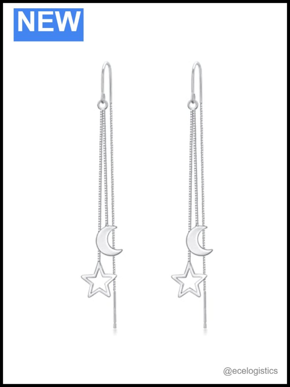 Moon Star Threader Earrings Sterling Silver Long Dangle Hypoallergenic